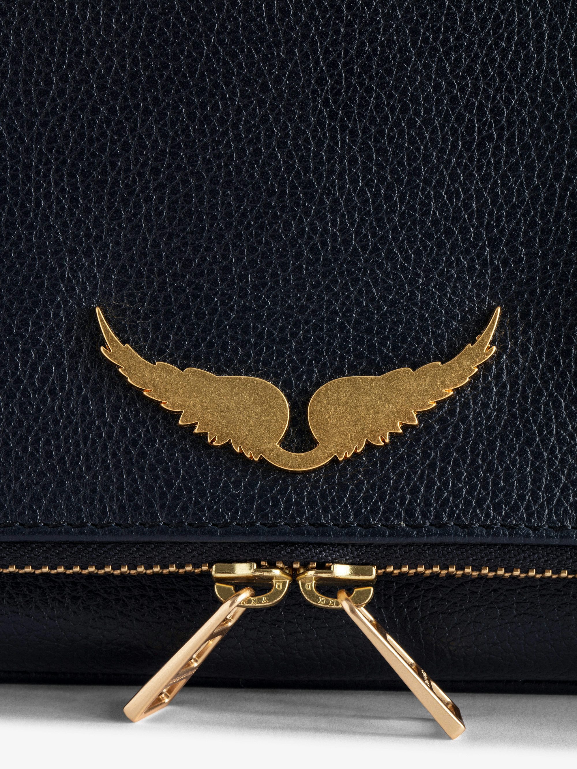Rock Clutch - Grained leather clutch with double leather and metal chains and rhinestone-adorned wings.